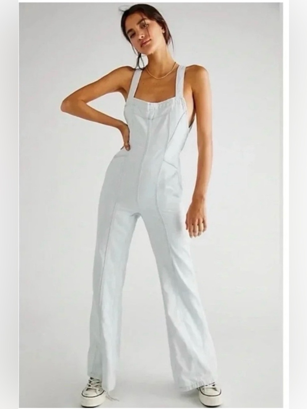 Free people light blue Jean Wide-Leg Denim Overalls